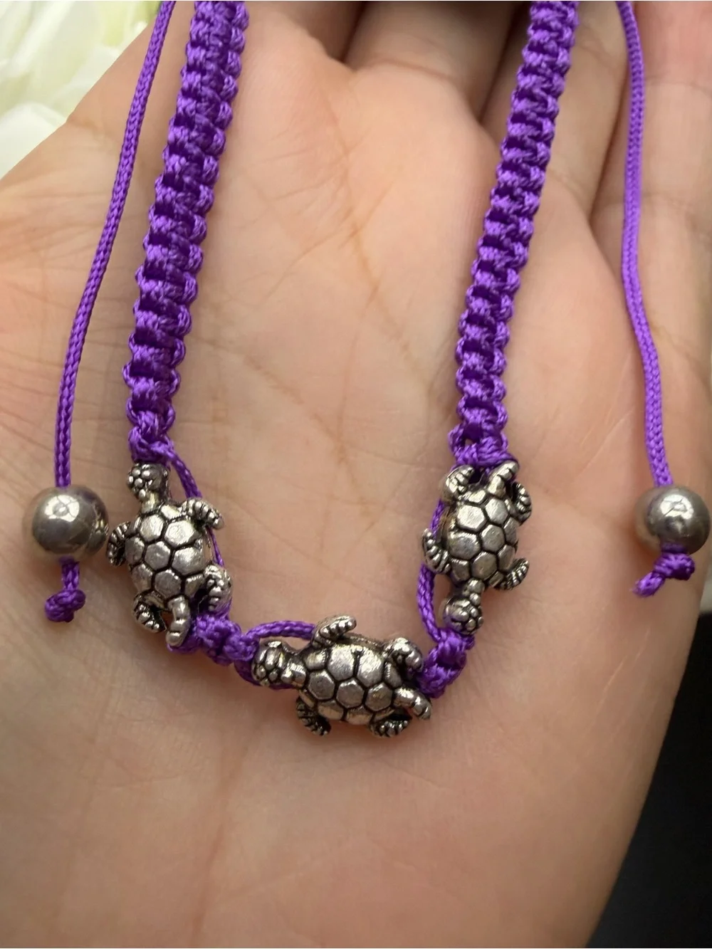 Purple Braided Bracelet with Silver Turtle Beads